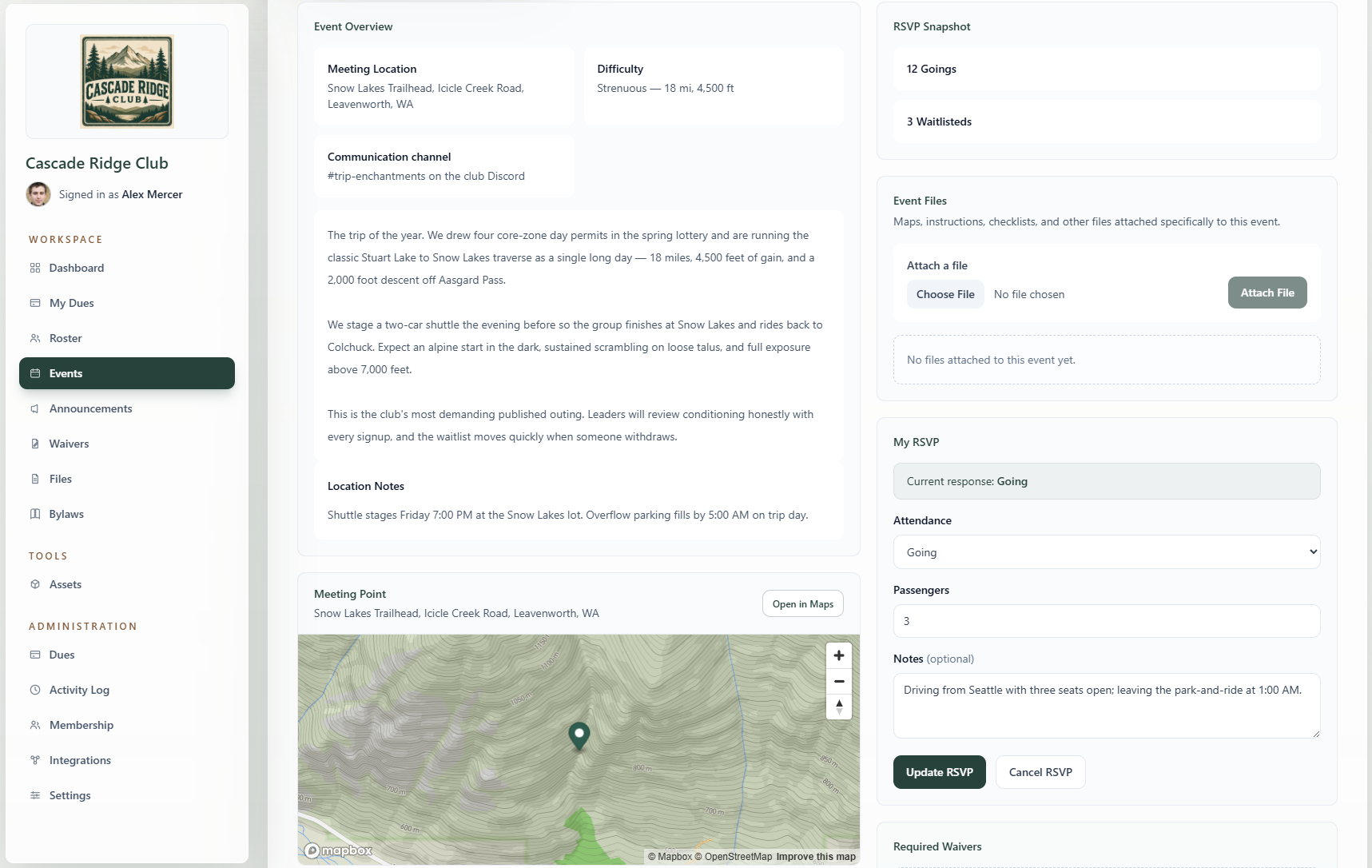 RallyWire event detail page showing an outing with RSVP totals, meeting location, difficulty, communication channel, trip description, RSVP snapshot, and event file attachments