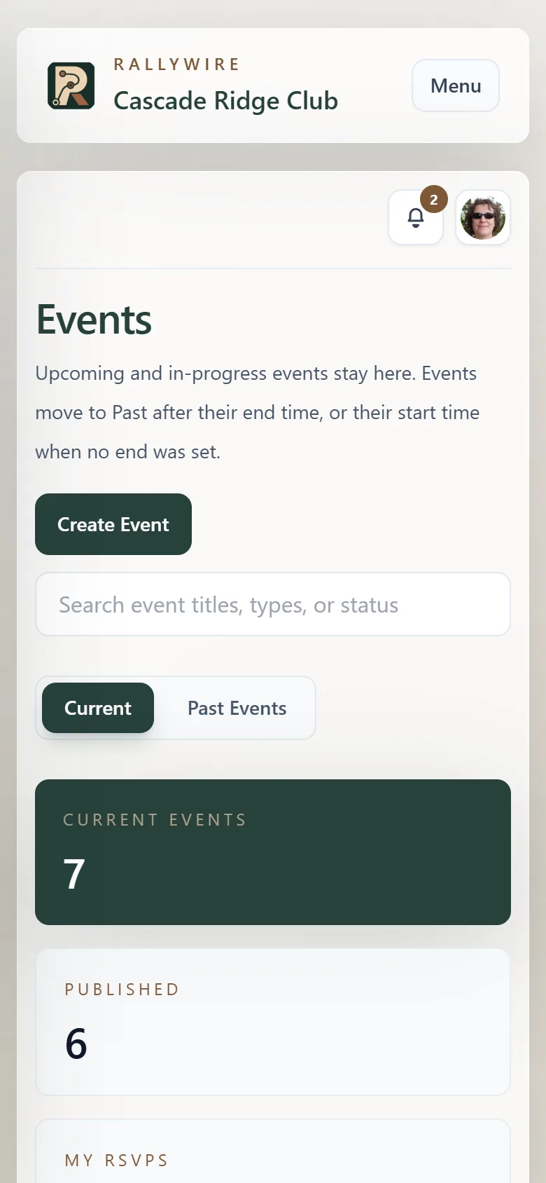 RallyWire events list on a phone, showing current event counts and upcoming activity cards with dates, locations, and RSVP counts
