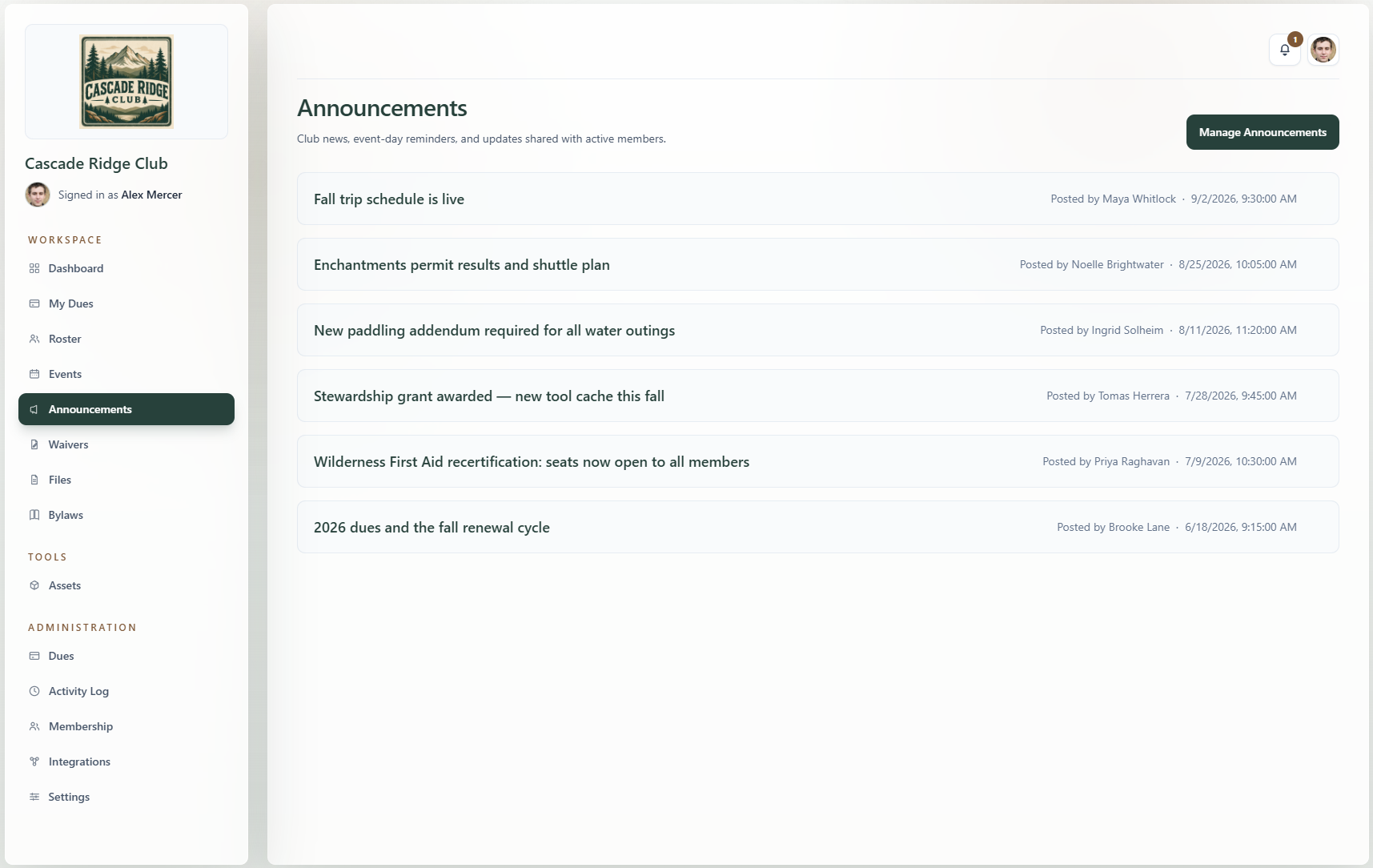 RallyWire announcements page listing club announcements with authors and publish dates