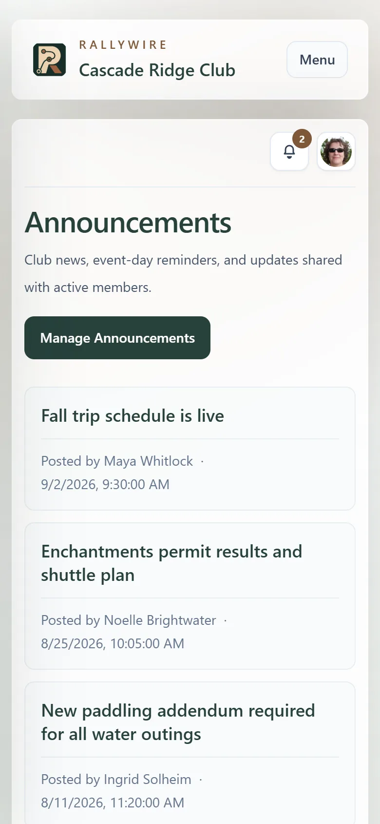 RallyWire announcements on a phone, showing recent club posts with authors and dates
