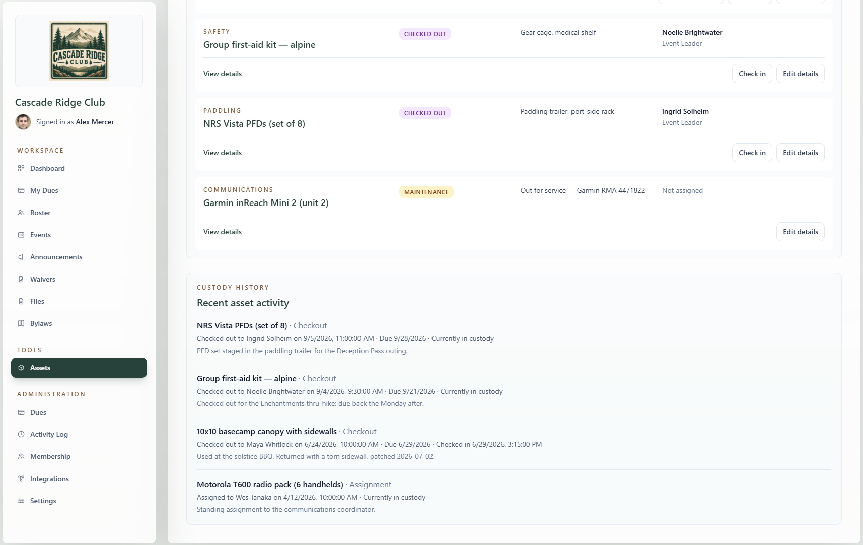 RallyWire club assets page listing shared club equipment with asset tags, status badges, and custody assignments