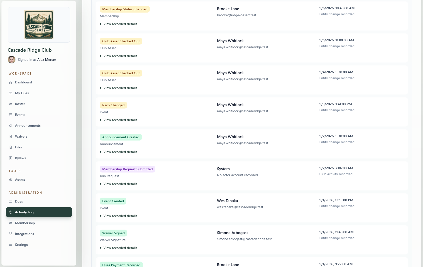 RallyWire club activity log showing audit entries with actions, actors, and timestamps