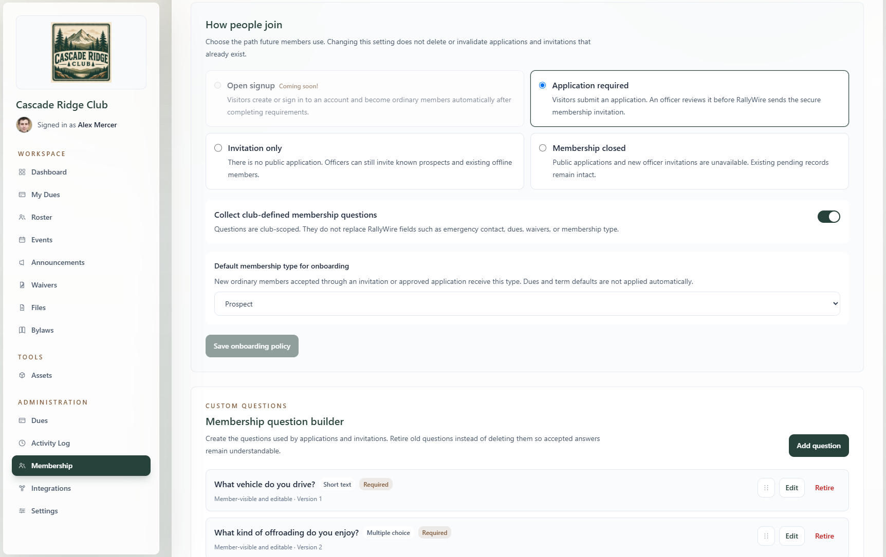 RallyWire custom onboarding page showing custom membership questions and settings for new members.