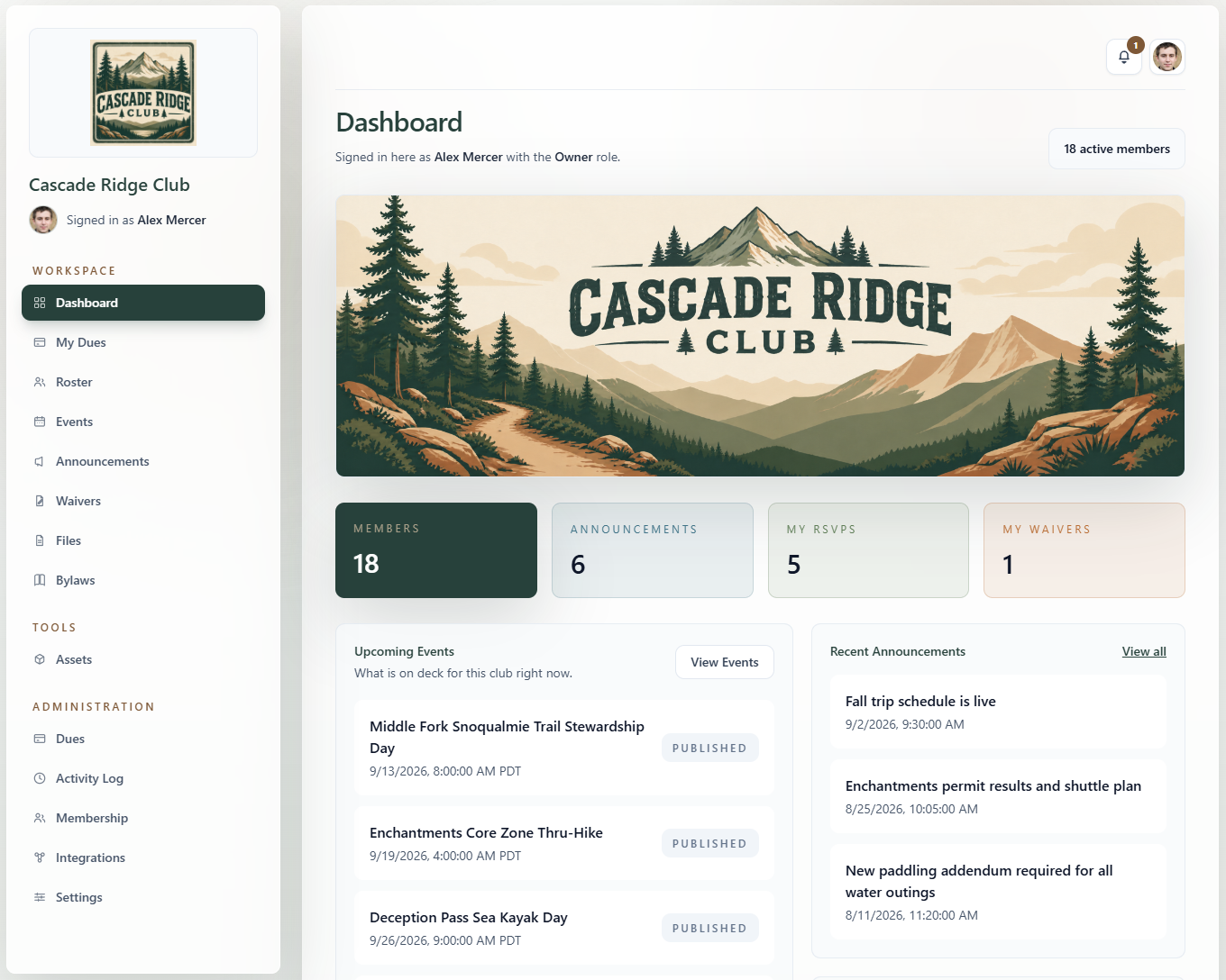 RallyWire club dashboard showing active member count, announcement and RSVP totals, an upcoming events list, recent announcements, and an admin snapshot
