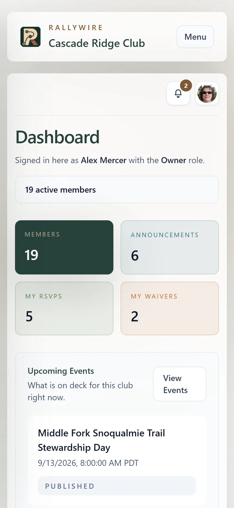 RallyWire club dashboard on a phone, showing club totals and the next upcoming activities