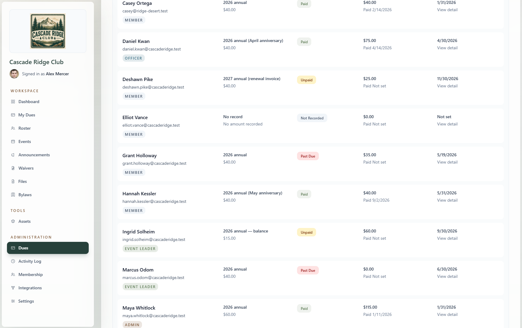 RallyWire club dues page showing dues totals by status and a member-by-member payment ledger with amounts, methods, and dates