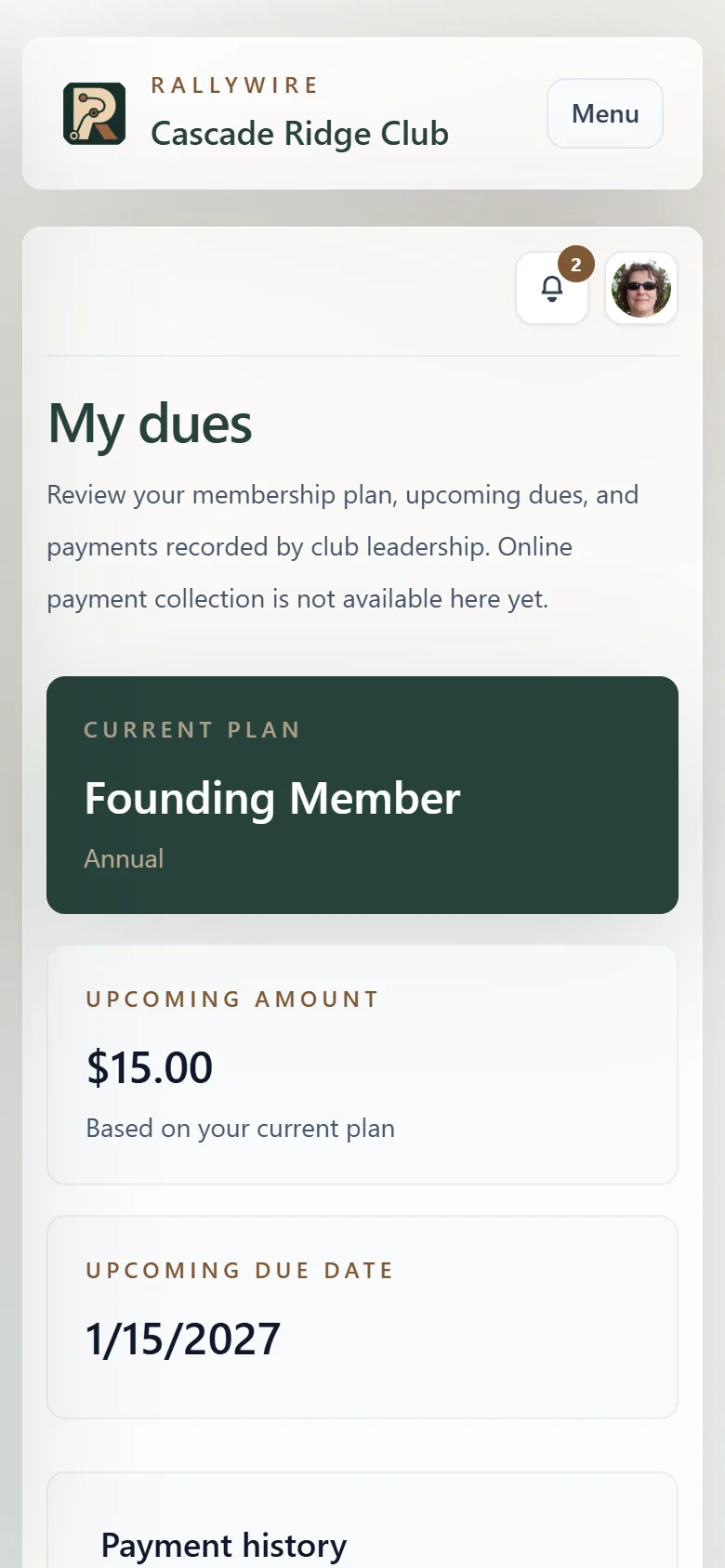 RallyWire member dues view on a phone, showing the member’s plan, amount due, due date, and payment history
