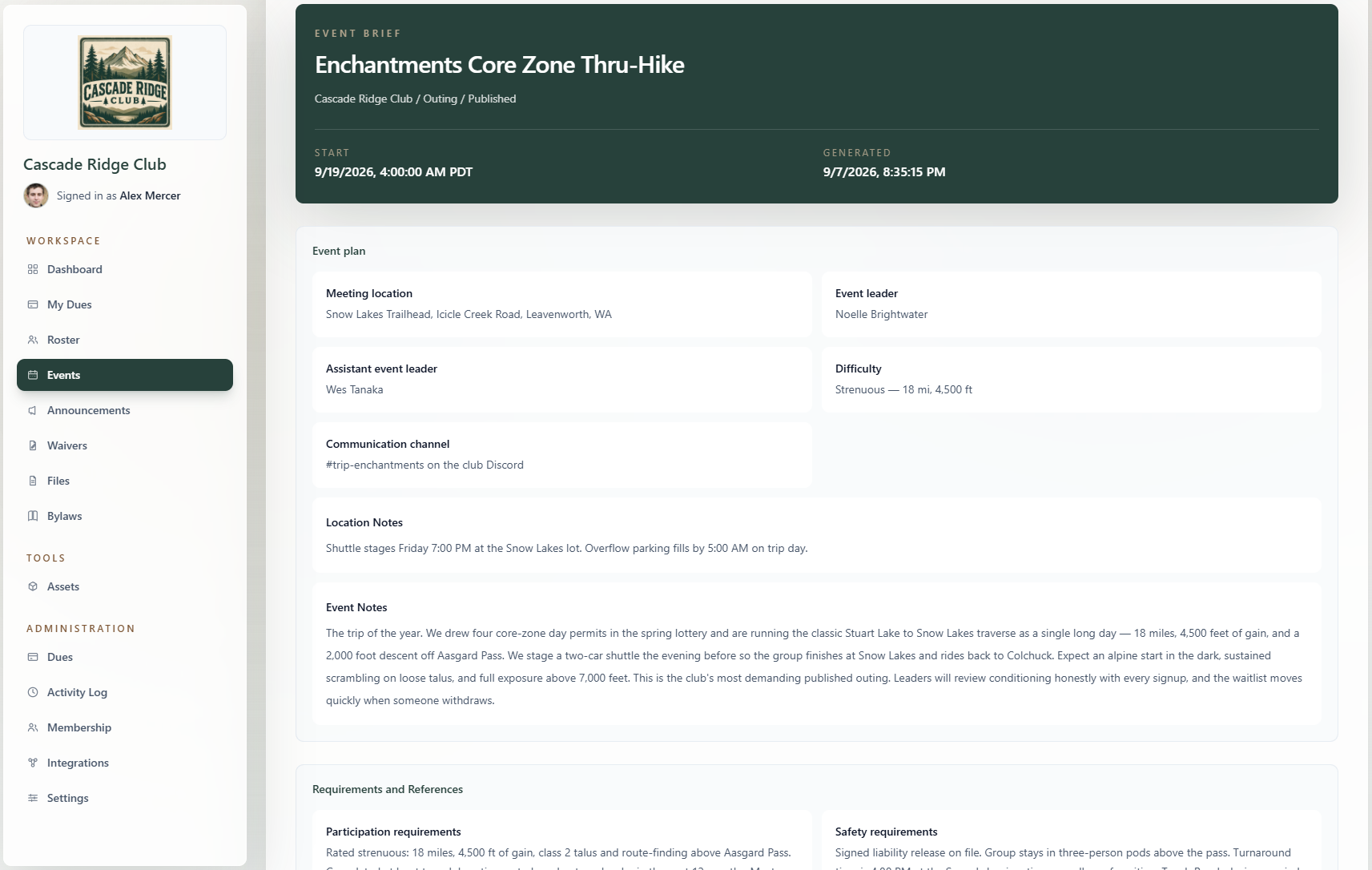 RallyWire event brief page showing meeting details, leaders, participant roster, and readiness information for an upcoming outing