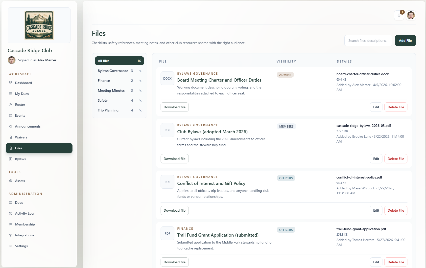 RallyWire files page showing categorized club documents with file-type badges, sizes, visibility labels, and upload details