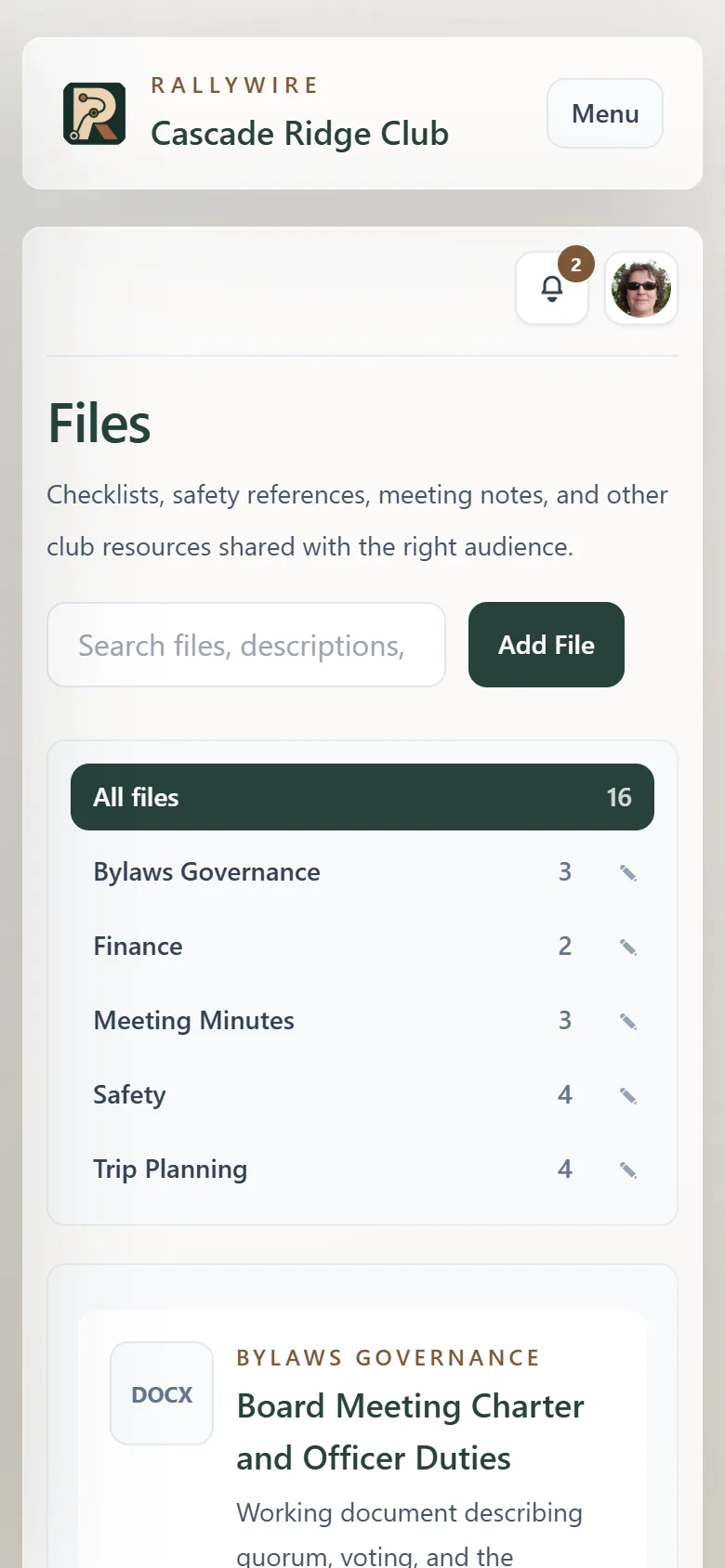 RallyWire files page on a phone, showing file counts, categories, and a document card with its type and visibility