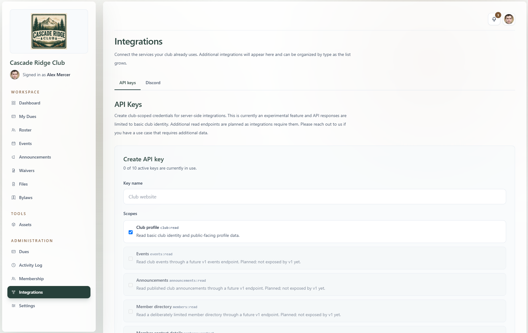 RallyWire integrations page showing scoped club API key creation with read and write permission options