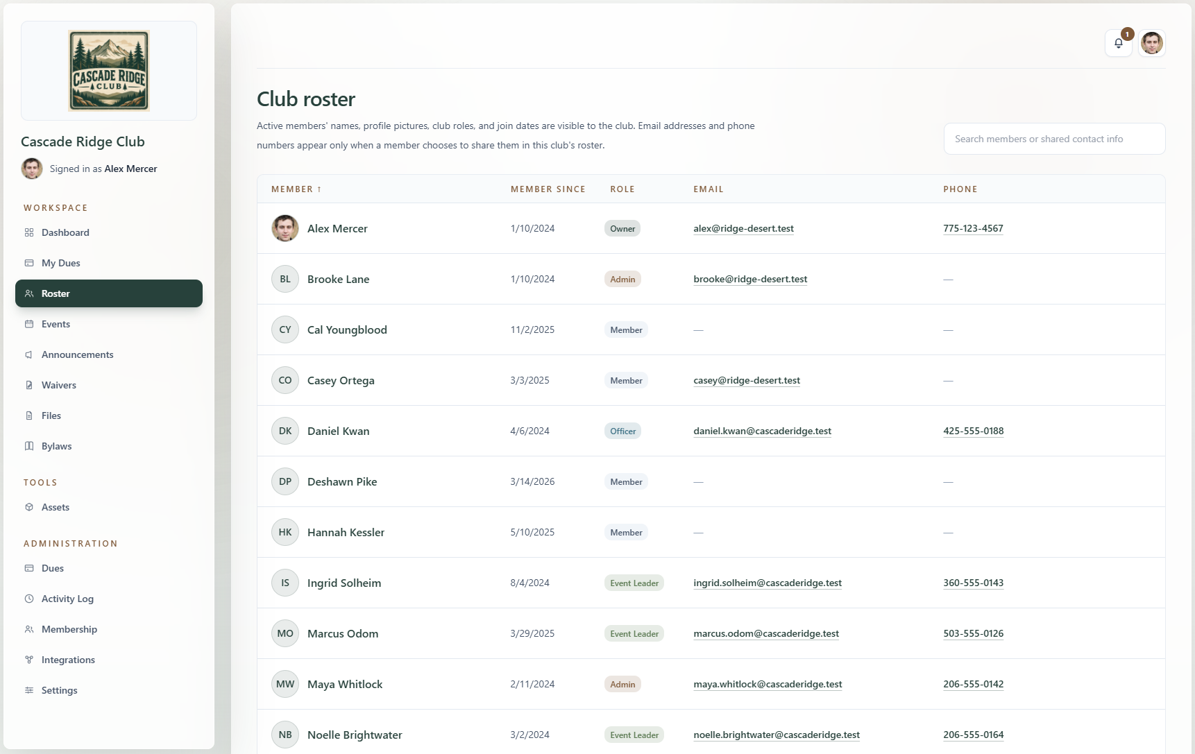RallyWire club roster page listing members with color-coded roles, membership status, join dates, and contact details