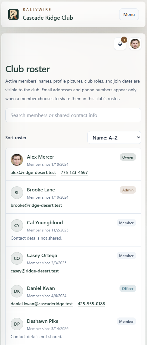 RallyWire club roster on a phone, showing member cards with avatars, roles, join dates, and contact information