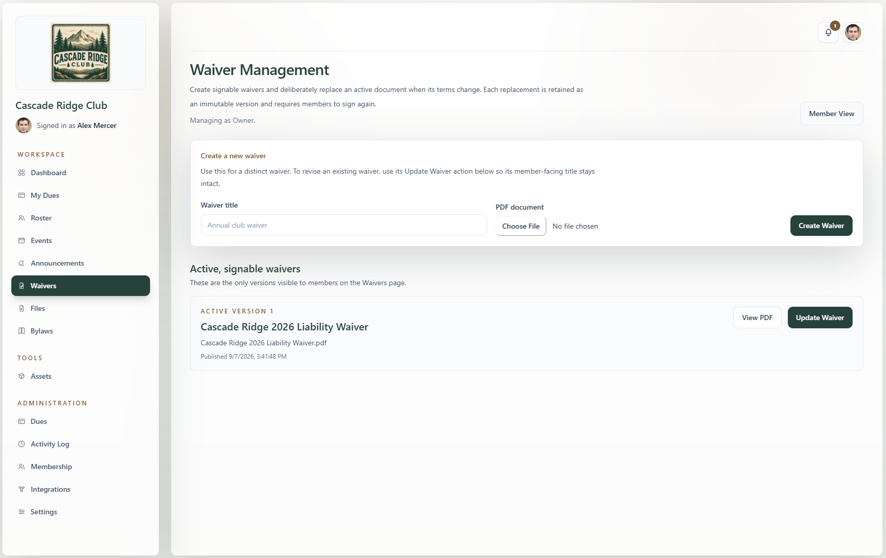 RallyWire waivers page showing versioned club waiver documents with full liability text and a signed status badge