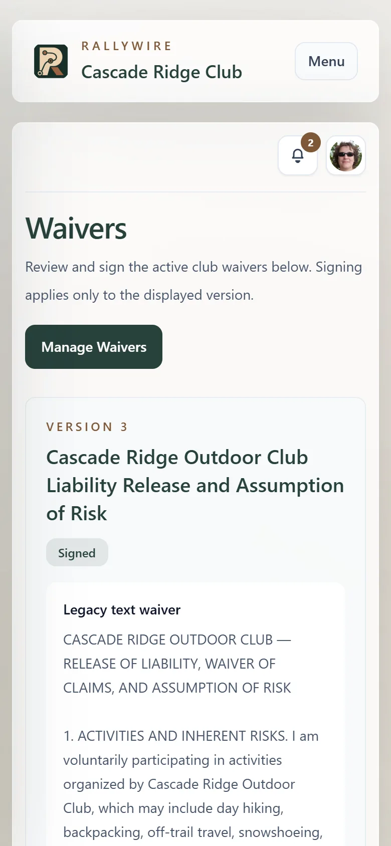 RallyWire waivers page on a phone, showing the current club liability waiver version and its signed status